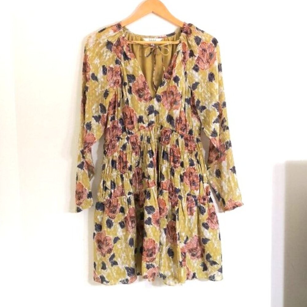 Like New Joie Silk Aminah Smocked Floral-Print Mini Dress In‎ Ecru Olive Size M - Picture 2 of 6